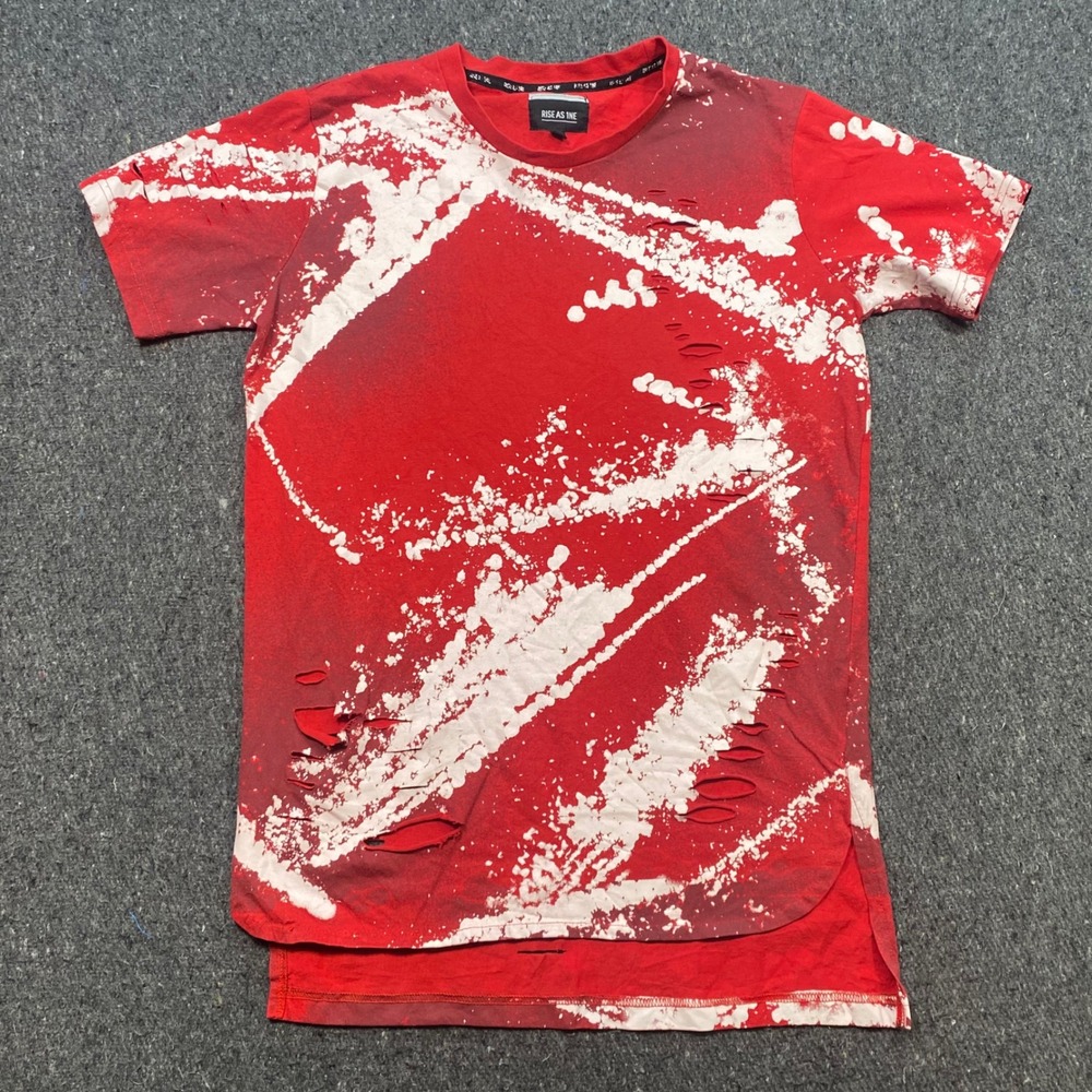 Rise As 1ne Distressed Paint Splatter TShirt Sz M Mens Red Grunge Streetwear Hem